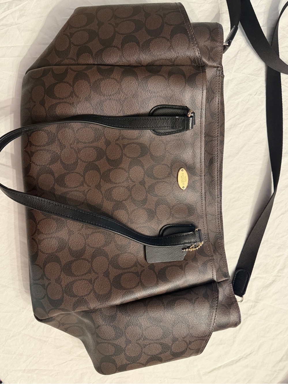 Coach Brown Signature Canvas Duffel with Black Leather Straps